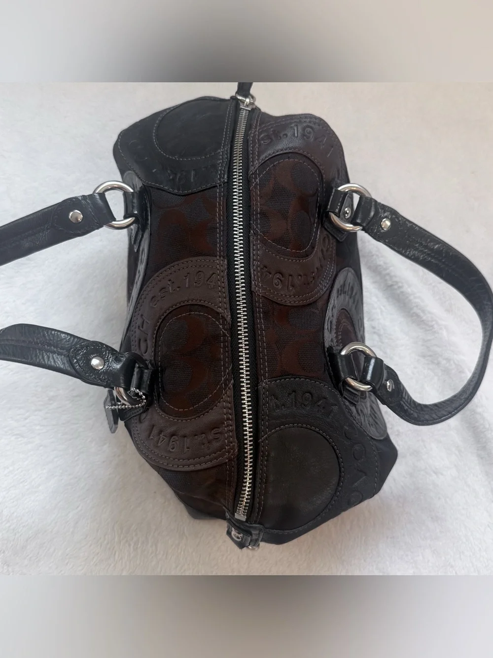 Coach 2010 Chocolate Brown Patchwork Mini Suede Patent Leather Duffel Purse EUC